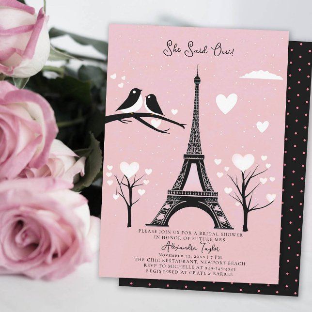 Paris Lovebirds Hearts Eiffel Winter Brautparty Einladung (winter bridal shower invitation paris theme black eiffel white hearts trees lovebirds pink blush oui)