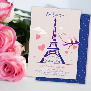 Paris Lovebirds Pink Hearts Navy Brautparty Einladung