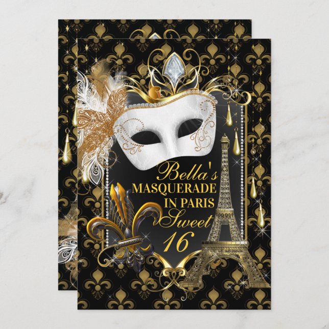 Paris Masquerade Einladungen zum Geburtstag (Vorne/Hinten)