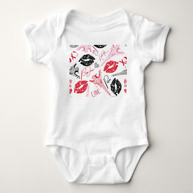 Paris Mode, kalligraphisches Eiffelturm Muster. Baby Strampler (Vorderseite)