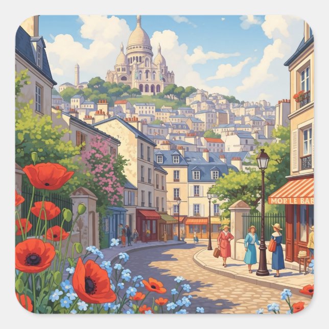 Paris Montmartre Postcard Quadratischer Aufkleber (Vorderseite)