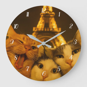 Paris Nacht Katze Selfie Squad Liebhaber Große Wanduhr