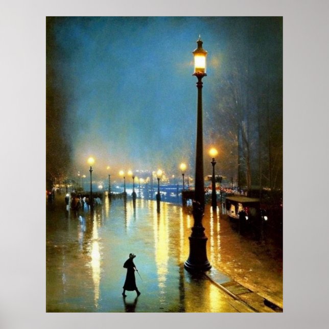 Paris Nass Abend Lampen Big Lampe Impressionismus Poster (Vorne)