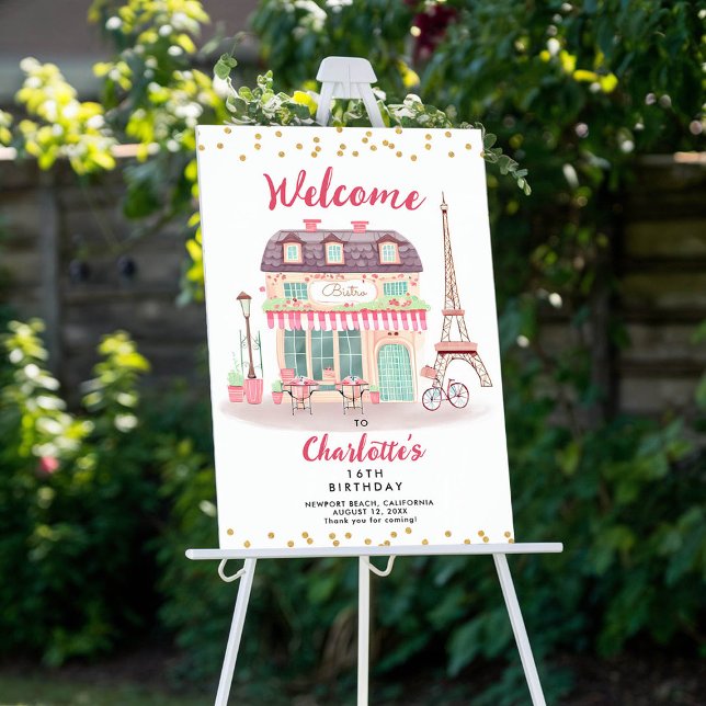 Paris Night Eiffel Bistro Pink Green Party Willkom Poster (paris bistro eiffel tower pink mint gold confetti birthday party welcome sign poster)