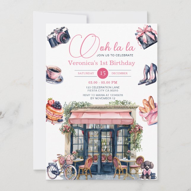 Paris Patisserie 1. Girl Birthday Party Einladung (Vorderseite)