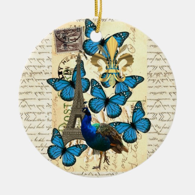 Paris, Pfau und Schmetterlinge Keramik Ornament (Vorne)