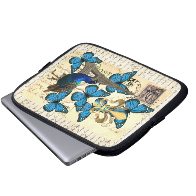 Paris, Pfau und Schmetterlinge Laptopschutzhülle (Vorne Knopf)