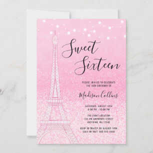 Paris Pink Glitzer Lights Sweet 16 Einladung
