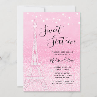 Paris Pink Glitzer Lights Sweet 16 Einladung