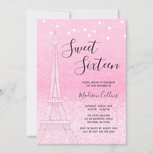 Paris Pink Glitzer Lights Sweet 16 Einladung (Vorderseite)