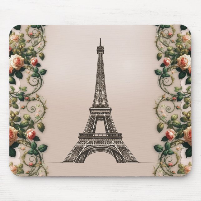 Paris Pink Rose Vines Eiffelturm Shabby Chic Mousepad (Vorne)