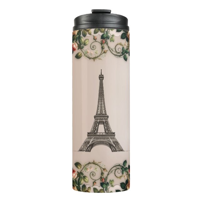 Paris Pink Rose Vines Eiffelturm Shabby Chic Thermosbecher (Vorderseite)