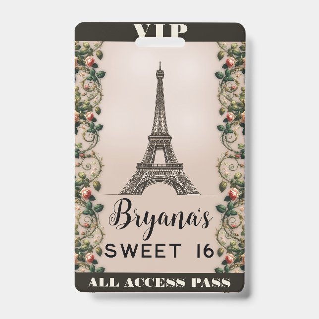 Paris Pink Rose Vines Eiffelturm VIP Pass Ausweis (Vorderseite)