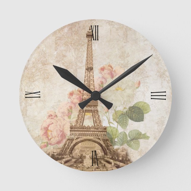 Paris Pink Rose Vintag Romantische Uhr (Vorderseite)