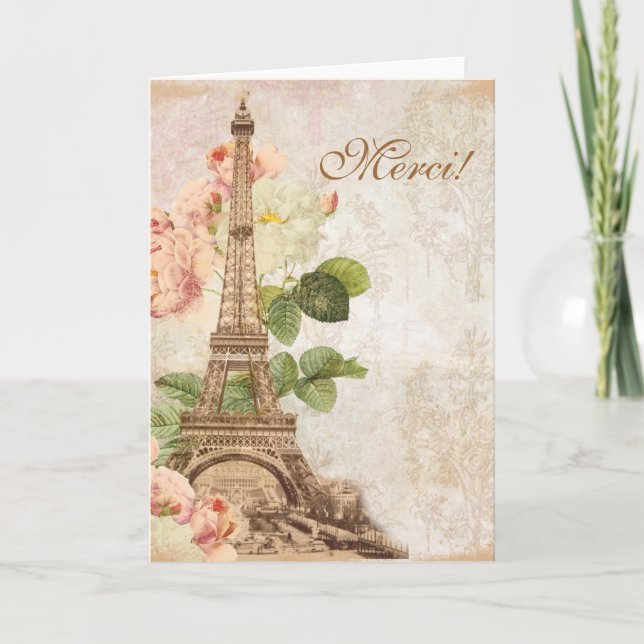 Paris Pink Rose Vintage Romantic Thank You Card Dankeskarte (Vorderseite)