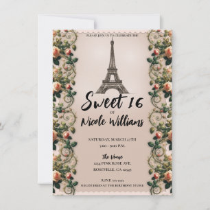 Paris Pink Rosenreben Eiffelturm Sweet 16  Einladung