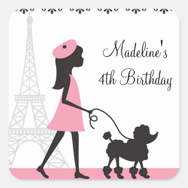 Paris Poodle Birthday Stickers (Vorderseite)