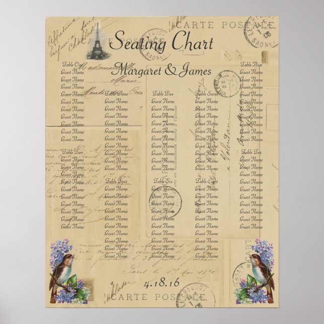 Paris Postcard Bird auf Lilacs Seating Chart Poster (Vorne)