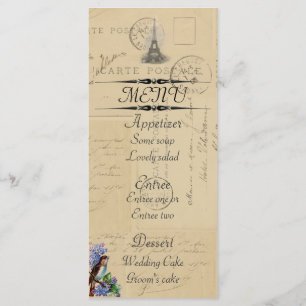 Paris-Postkarten-Vogel auf Flieder-Menü-Karte Menükarte
