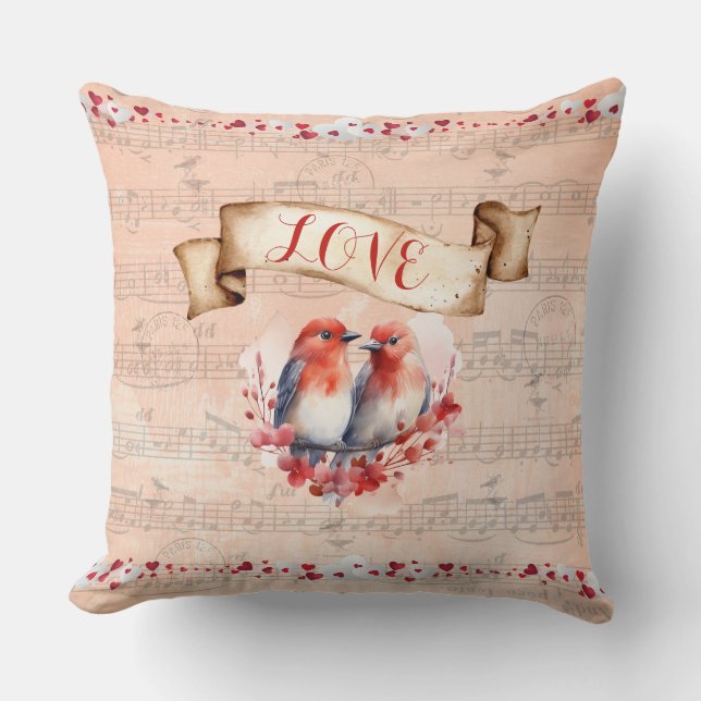 Paris Postmark Love Birds mit Whimsical Notes Kissen (Vorderseite)