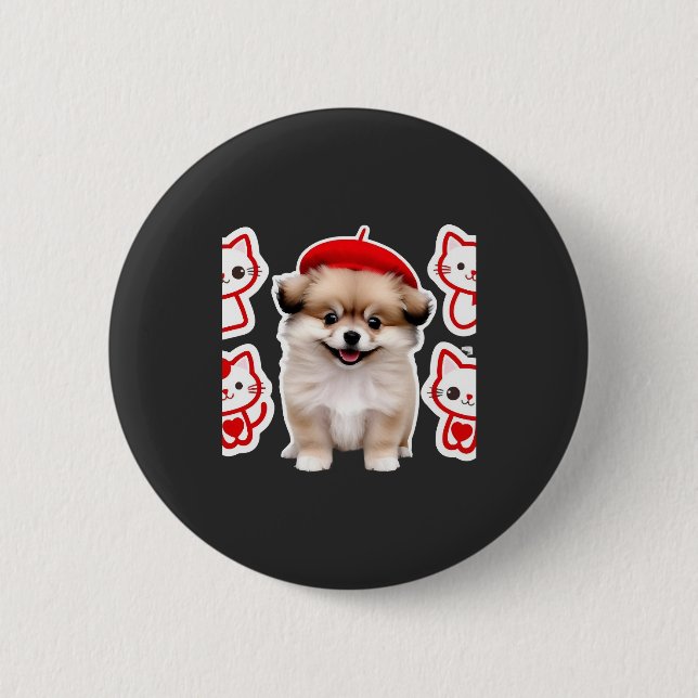 Paris Pup & Kitty Crew � Hübscher Barett Hund und  Button (Vorderseite)