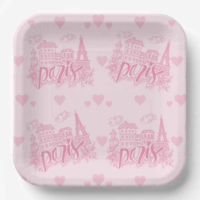 Paris Rosa Pappteller, Eiffelturm Partyteller (Vorderseite)
