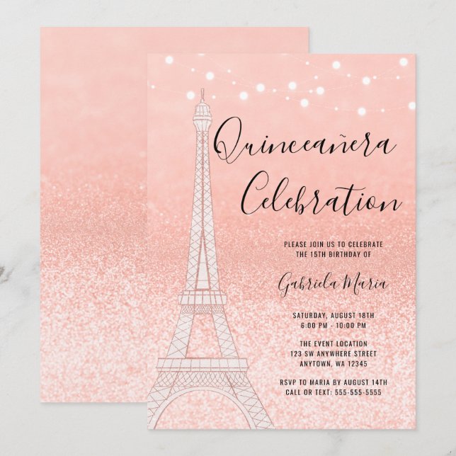 Paris Rose Gold Glitzer Lights Quinceñera Einladung (Vorne/Hinten)