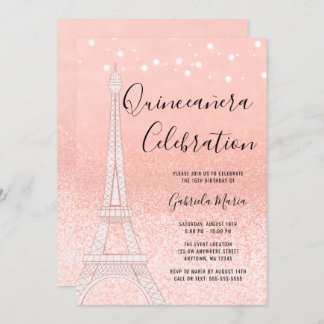 Paris Rose Gold Glitzer Lights Quinceñera Einladung