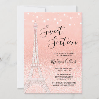 Paris Rose Gold Glitzer Lights Sweet 16 Einladung