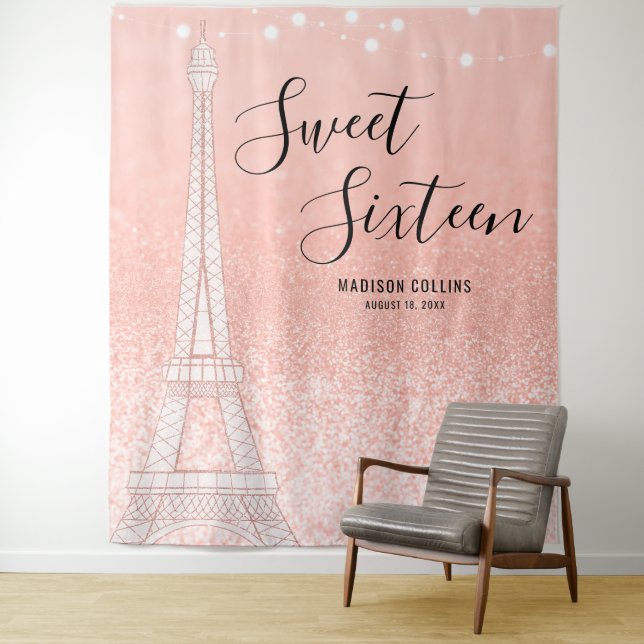 Paris Rose Gold Glitzer Lights Sweet 16 Hintergrun Wandteppich (Beispiel)