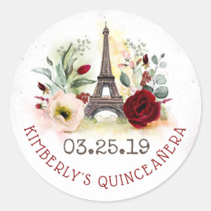 Paris-Rosé und burgunderfarbene florale Quinceaner Runder Aufkleber