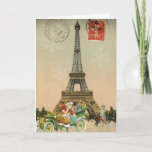 Paris Santa and Snowman Christmas Card Feiertagskarte<br><div class="desc">A beautiful vintage image of the Eiffel Tower in Paris from an old postcard with stamp and postmarks is joined by a great vintage Santa with a car full of toys and children building a snowman by the base of the Eiffel Tower on this lovely and nostalgic Frenthemed Christmas Card....</div>