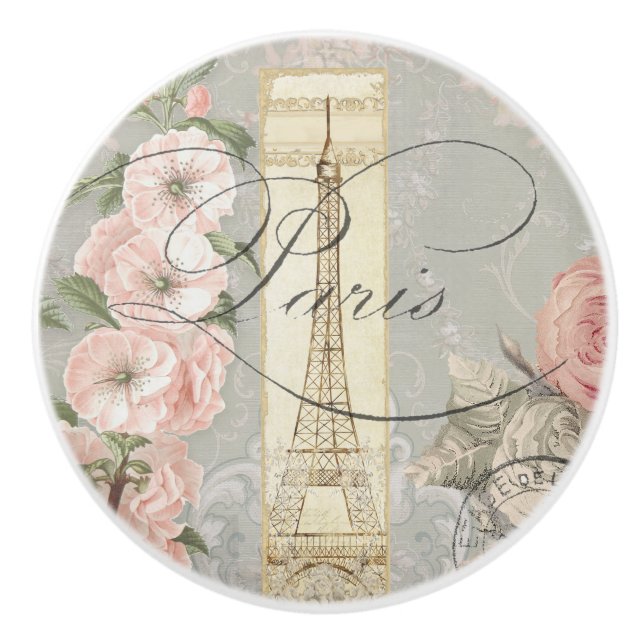 Paris Script Vintage Französisch Rosa Roses Grau Keramikknauf (Vorderseite)