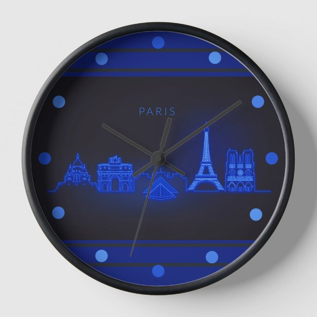 Paris Skline Neon Blue Look City Wall Round Uhr (Vorderseite)
