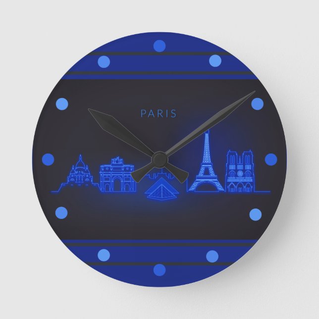Paris Skline Neon Blue Look Stadtmauer Runde Wanduhr (Vorderseite)