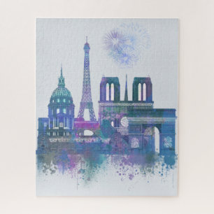 Paris-Skyline - Aquarell-Blau Puzzle