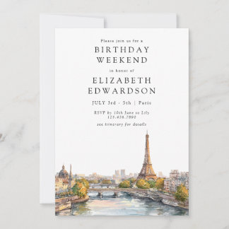 Paris Skyline Aquarell Geburtstags-Wochenende Einladung