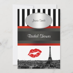 Paris Skyline BW Stripe Red Kiss PV Brautparty Einladung