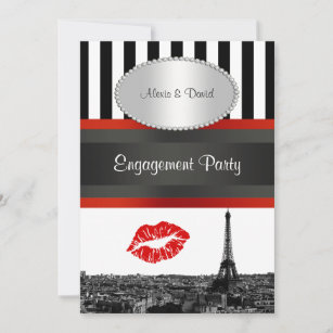 Paris Skyline BW Stripe Red Kiss PV Verlobung Einladung