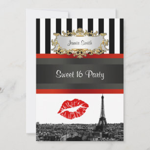 Paris Skyline BW Stripe Red Kiss Sweet 16 Party Einladung