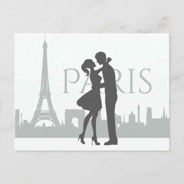 Paris Skyline Eiffel Tower Couple Liebe Grau, Weiß Postkarte (Vorderseite)
