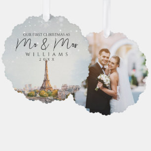 Paris Skyline Erstes Weihnachten als Mr & Mrs Foto Ornament Karte
