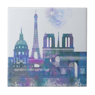 Paris Skyline - Watercolor Blue Fliese