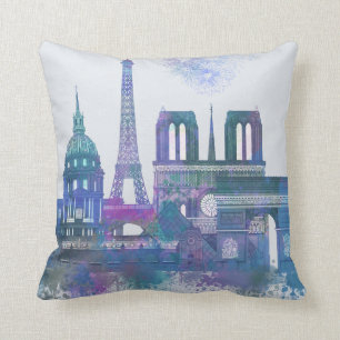 Paris Skyline - Watercolor Blue Kissen