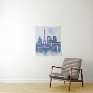 Paris Skyline - Watercolor Blue Wandteppich
