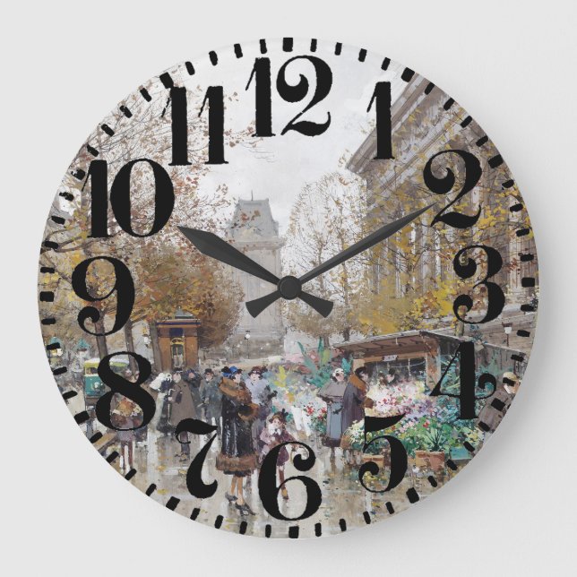 Paris Street Scene Art Big Number Wall Clock Große Wanduhr (Vorderseite)