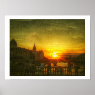 Paris Sunset Seine Bridge France Poster