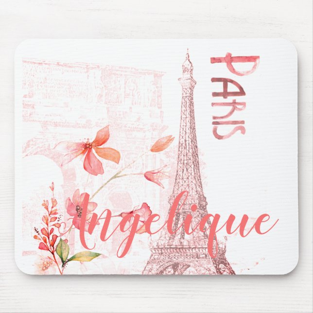 Paris-Szene und rosa Blumen kundenspezifisch Mousepad (Vorne)