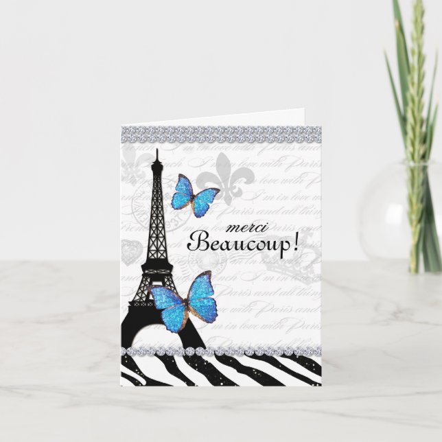 Paris Thank You Card Eiffel Tower Butterfly Zebra Dankeskarte (Vorderseite)