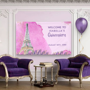 Paris-Thema-Eiffelturm-Rosa Quinceanera Willkommen Banner